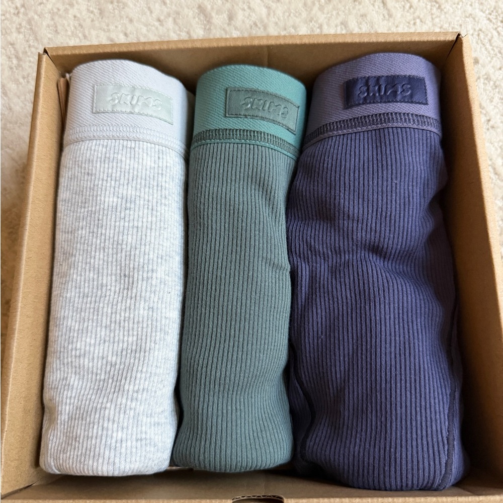 SOLD - SKIMS 3-Pack Cotton Rib Boxer Briefs - Blueish Purple, Gray, Teal Green